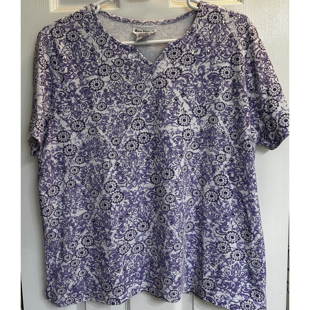 Women's BonWorth Medium Petite Blouse Short Sleeve With‎ Embellishments